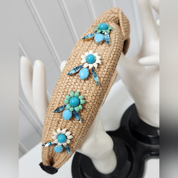 Handbeaded Tan Straw Rattan Headband One of a Kind - Picture 2 of 7